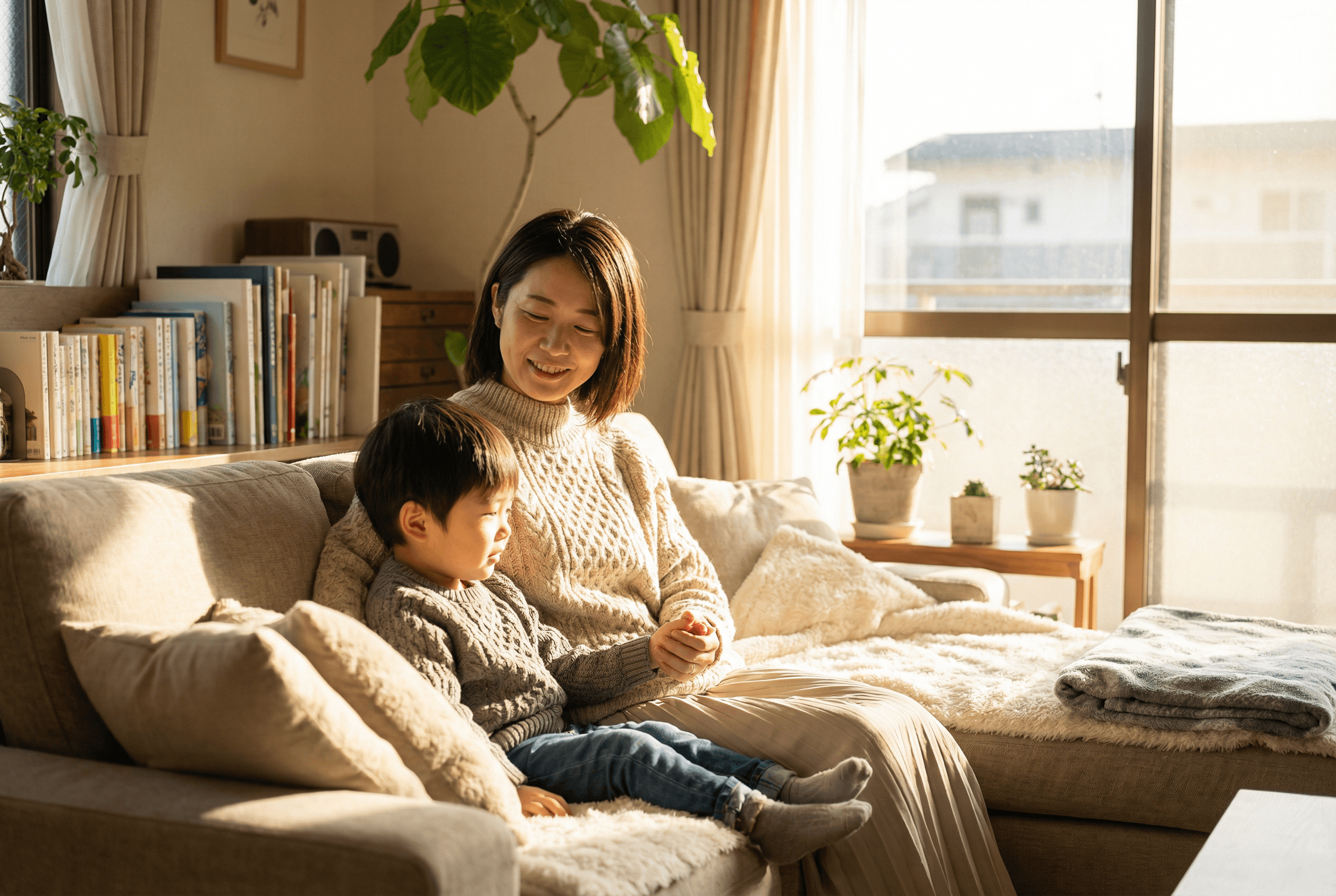穏やかな表情の親子イメージ写真