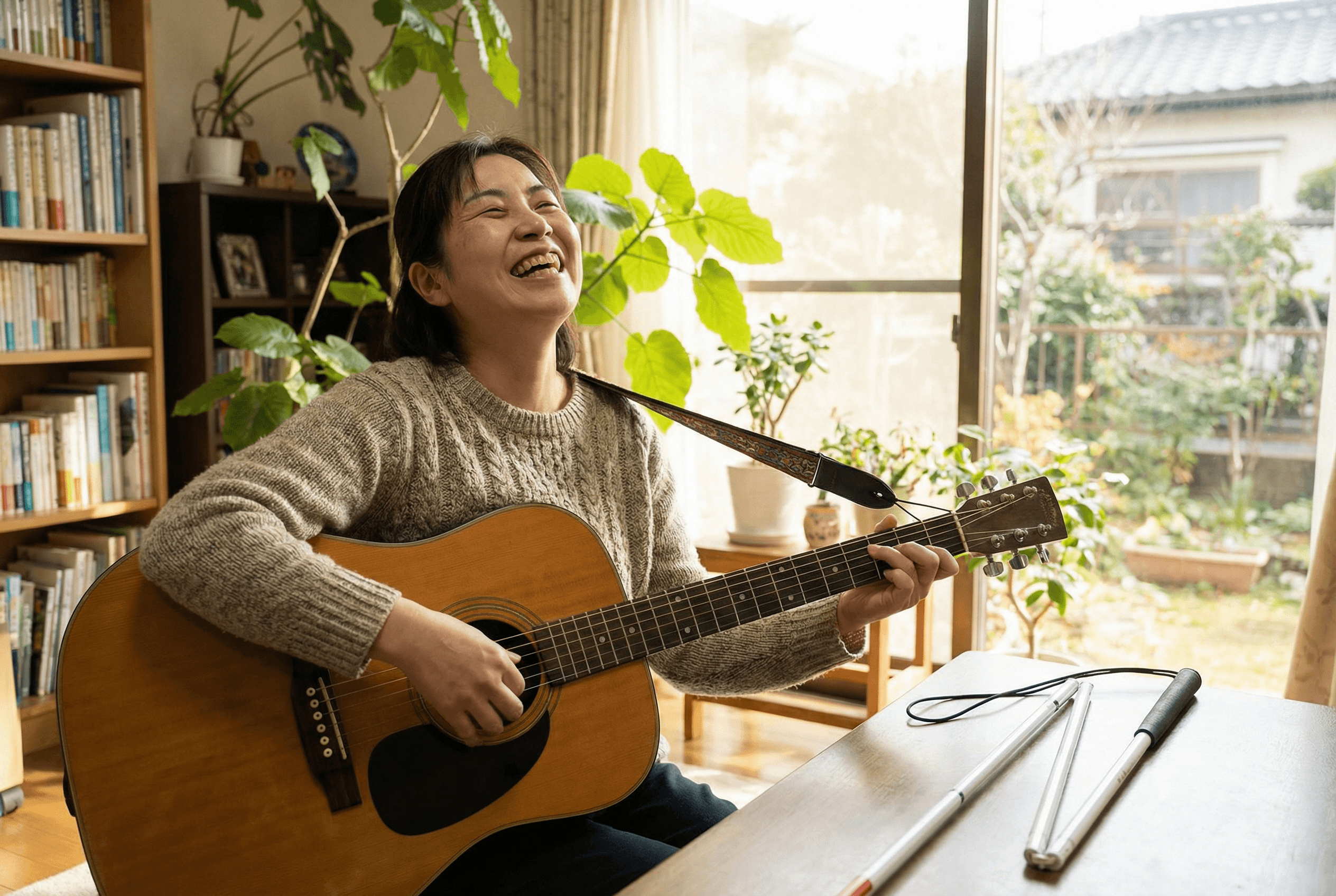 笑顔で過ごす視覚障害の利用者のイメージ写真