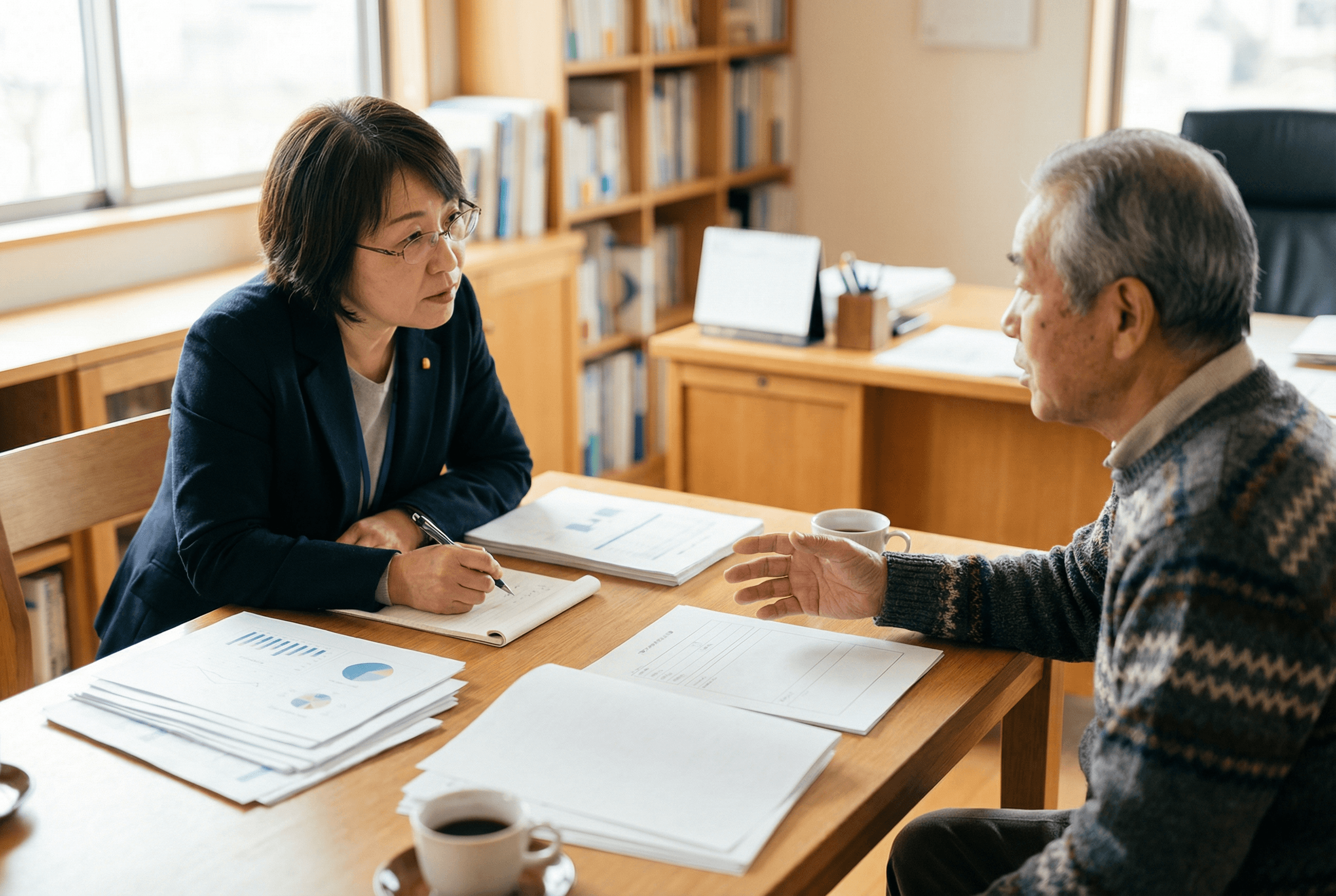 書類を広げて相談に乗っているイメージ。専門的な計画作成。